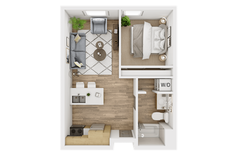 Floor plan for 1 bed, 1 bath, 619 sqft